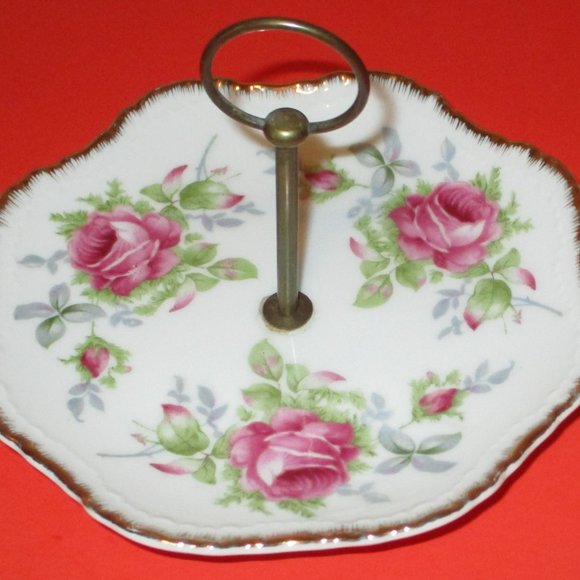 Small Porcelain Lefton China Serving Plate Hand Painted Roses 6" Center Handle - Picture 3 of 4